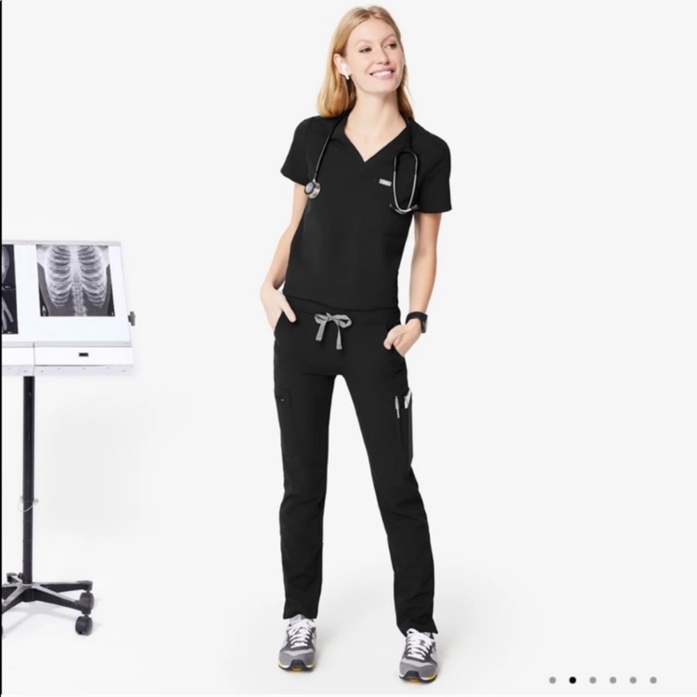 Figs Women's Straight Leg Scrub Pants in Black with Gray Drawstring
